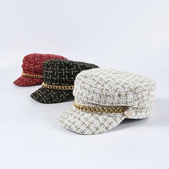 Tweed Hat Women Gatsby Chain  Elegant NewsBoy Cab Cabbie Fiddler White - Picture 2 of 4
